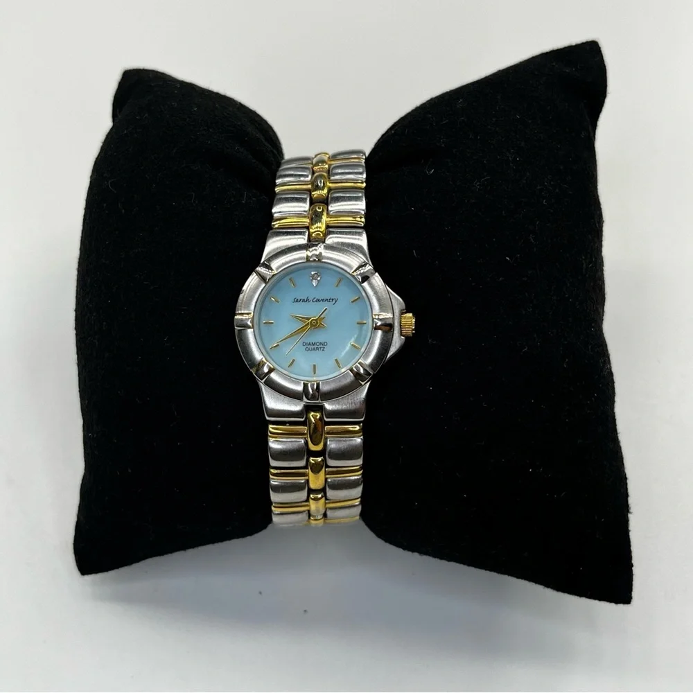 VTG Sarah Coventry Women's Silver/Gold Tone Wristwatch diamond Quartz Blue Dial